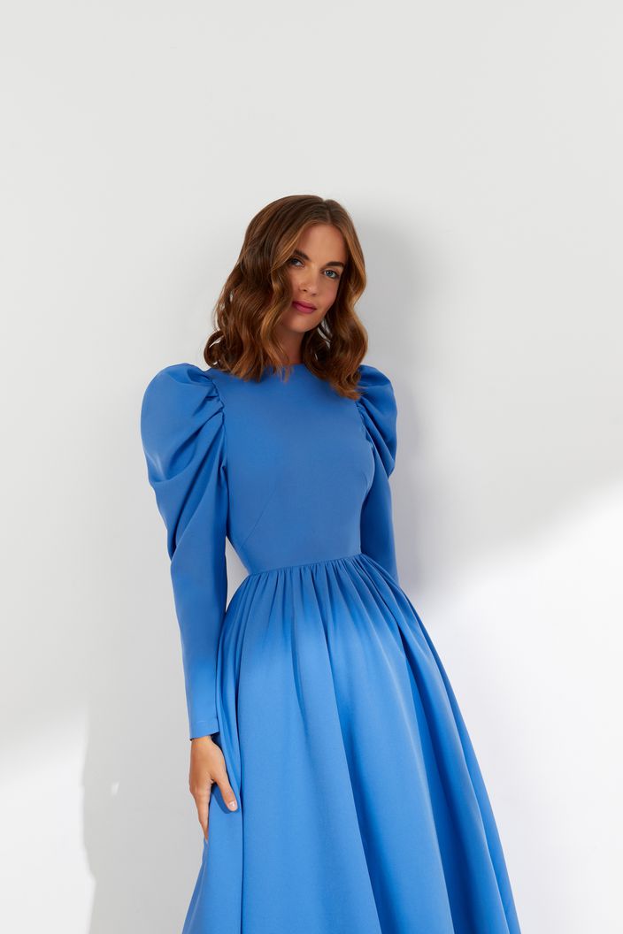 Ivory Elegant High Neck Long Sleeves Blue Evening Dress XL / Blue