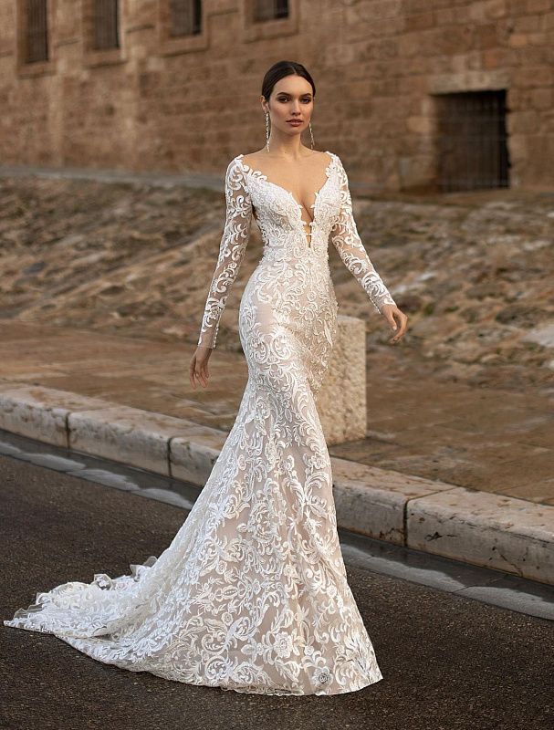 Berta Long Sleeve V Neck Lace Wedding Dress