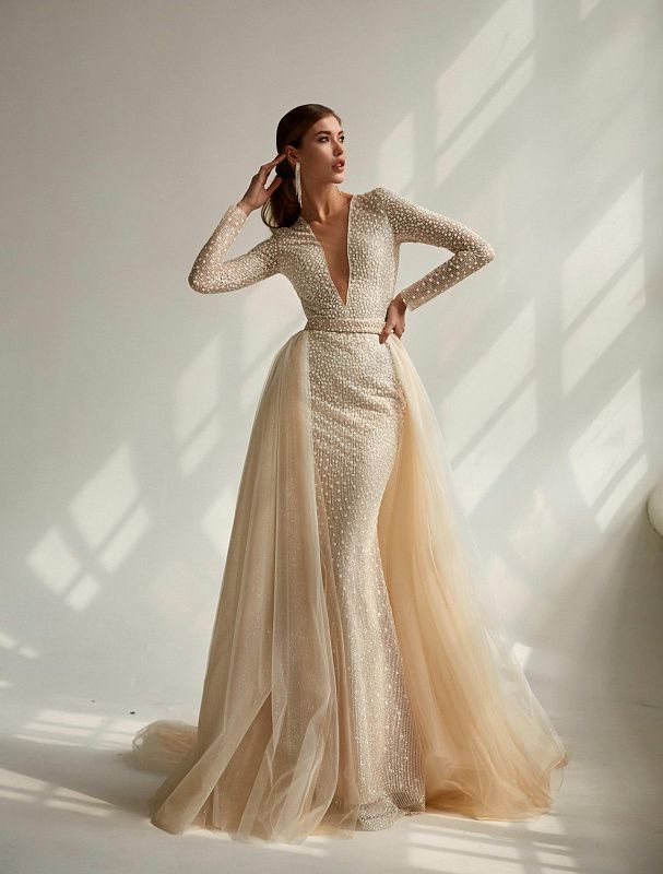 fitted lace wedding dress Long Sleeves Mermaid Wedding Dress High Neck Lace Appliques main image 1