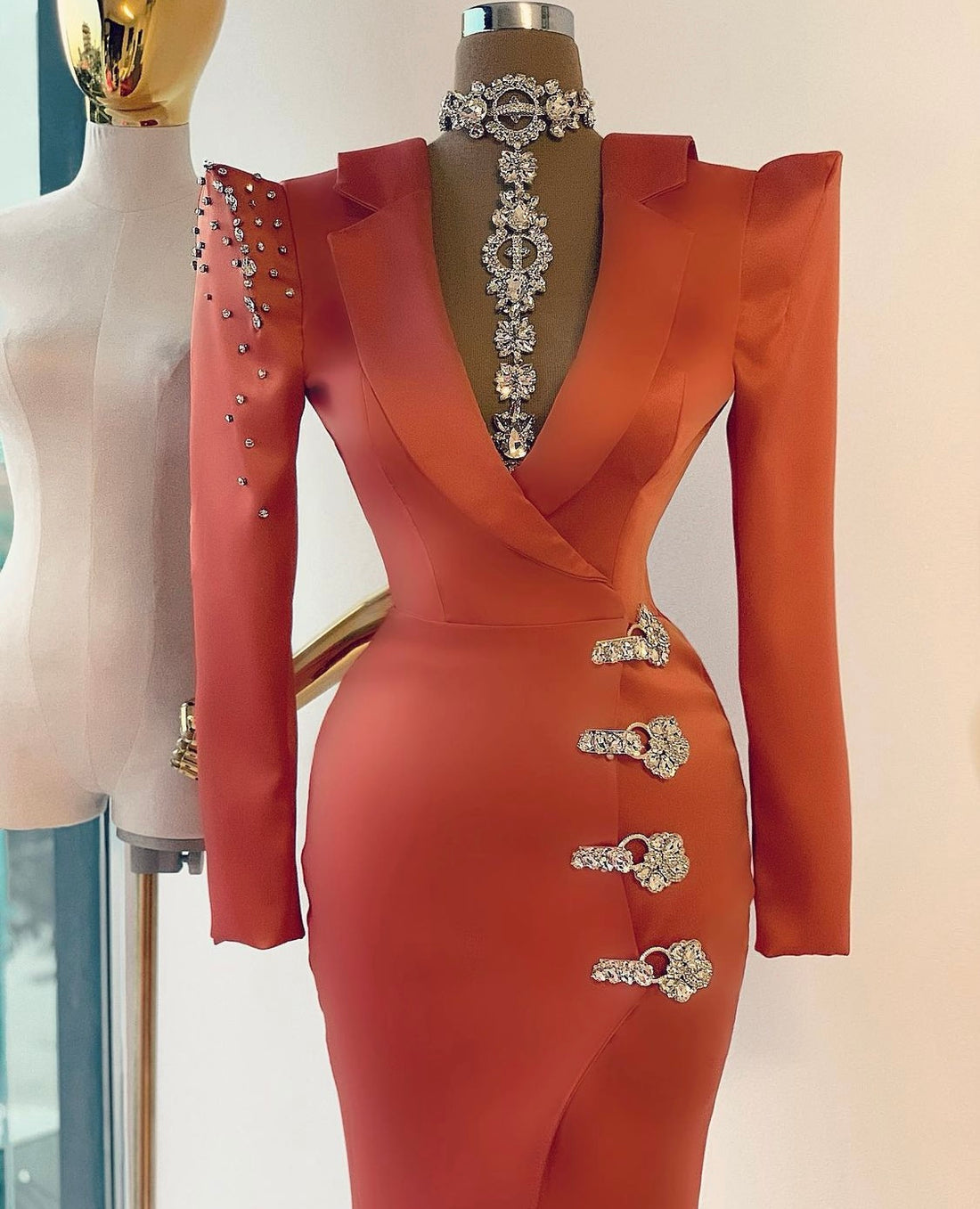 orange long sleeve prom dresses Ivy Orange Deep V Neck Prom Dress Long Sleeve Pageant Party Gowns