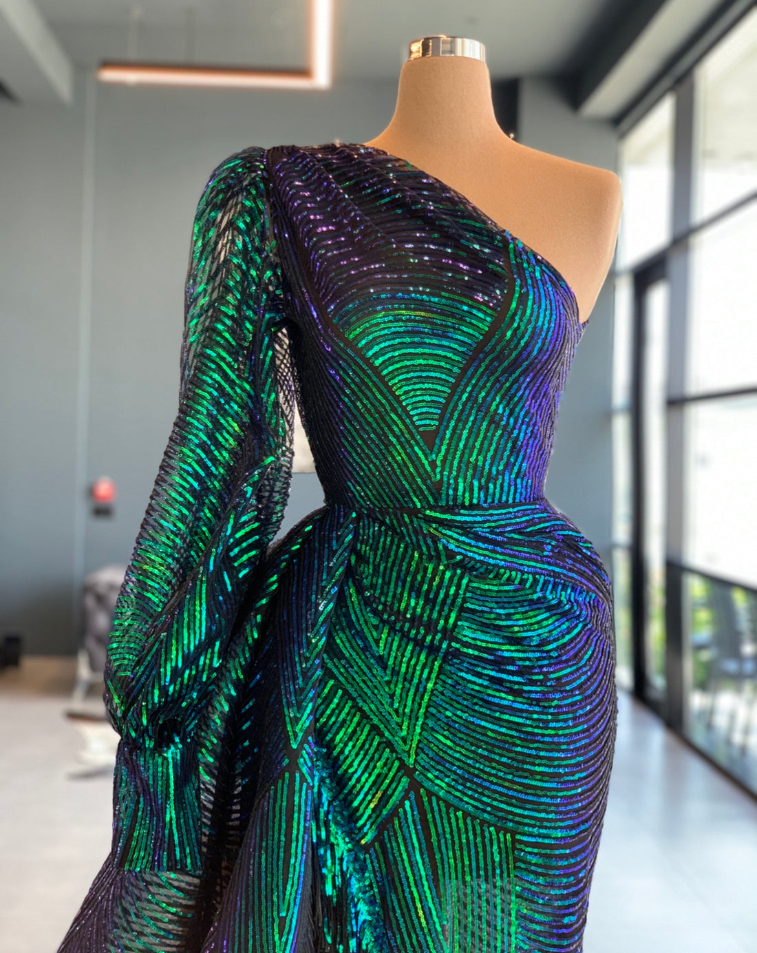 Catherine Green Sequin Long Sleeve One Shoulder Evening Dress XL / Green