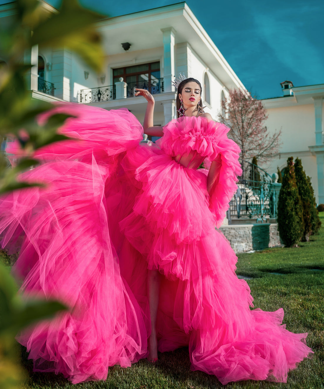 Jaylee Pink Long Strapless Layered Evening Dress