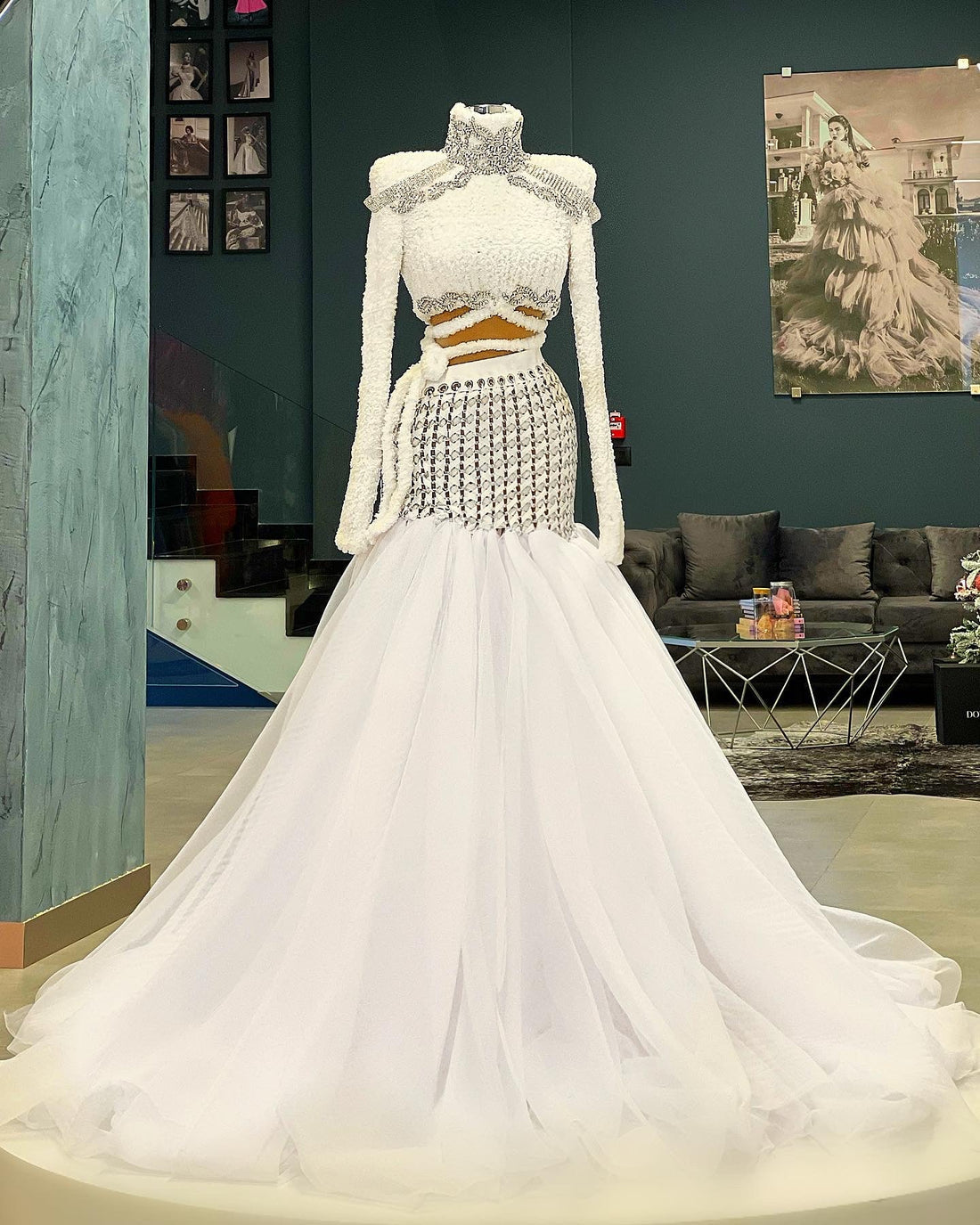 Virginia White Long Sleeves High Neck Evening Dress S / White Virginia White Long Sleeves High Neck Evening Dress S / White