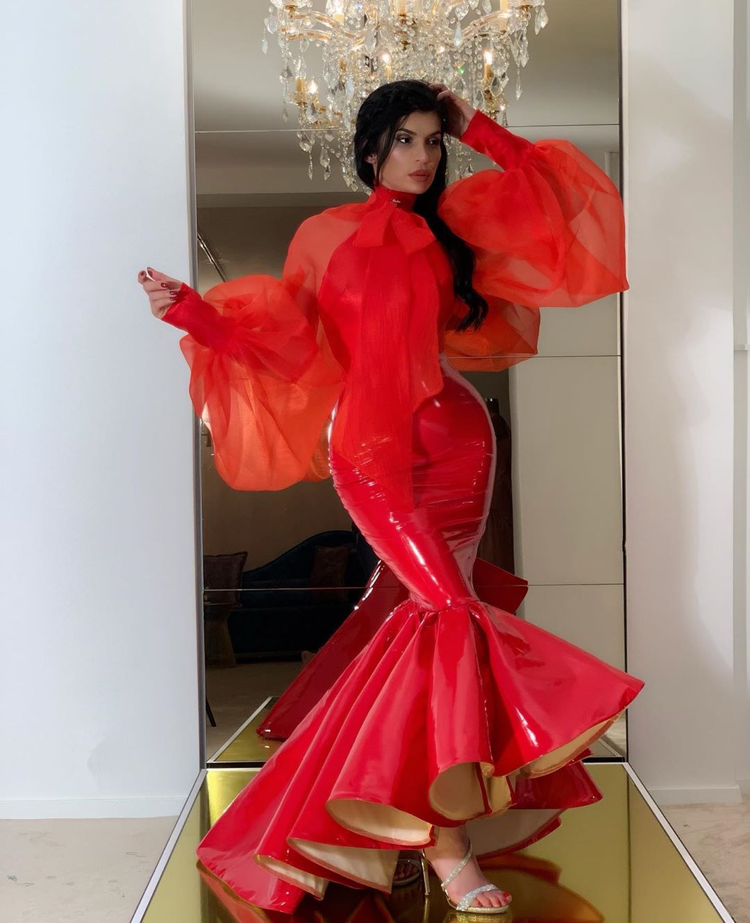 red latex long sleeve dress Rayna Red Elegant High Neck and Full Sleeves Evening Dress S / Red