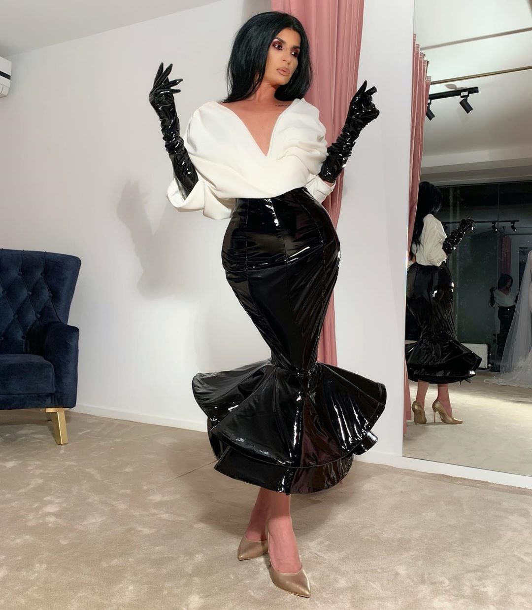 Sophia White V-Neck With Black Gloves Evening Dress XS / White