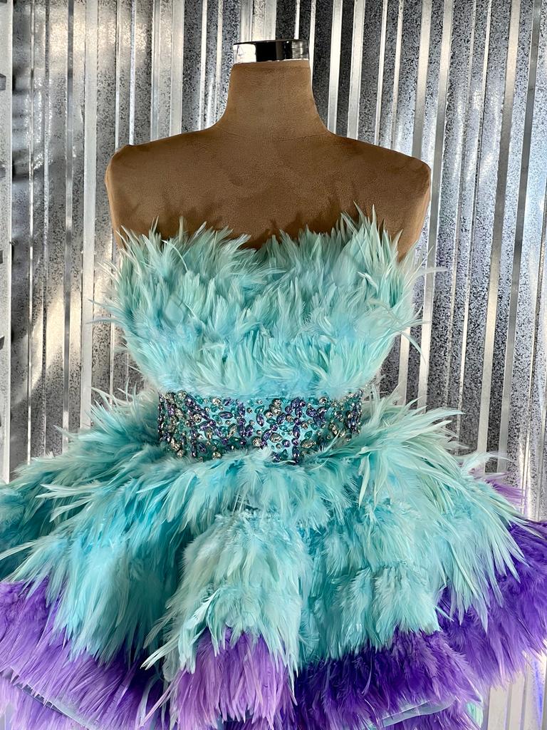 Melanie Beautiful Blue Feather Evening Dress – D&D Clothing