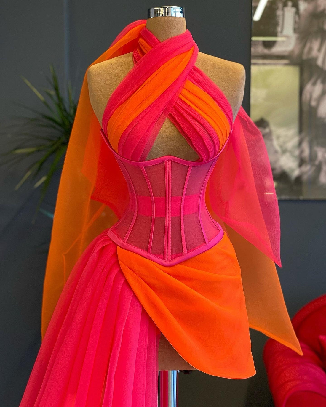 Chanel Elegant Pink and Orange Evening Dress