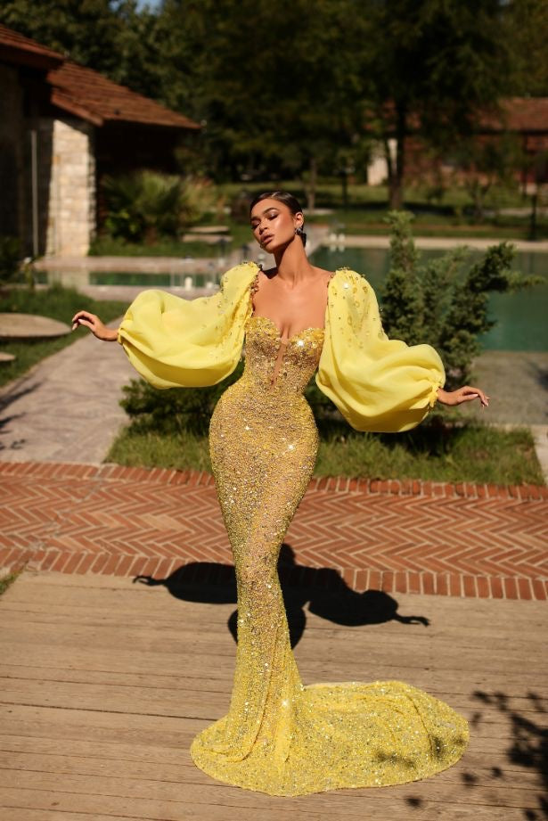 Kimberly Beautiful Puff Sleeves Yellow Evening Dress XS / Yellow