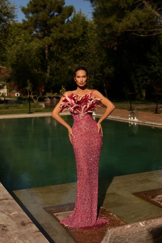pink poppy mermaid dress Pink Beaded Maxi With Feathered Bust L / Pink