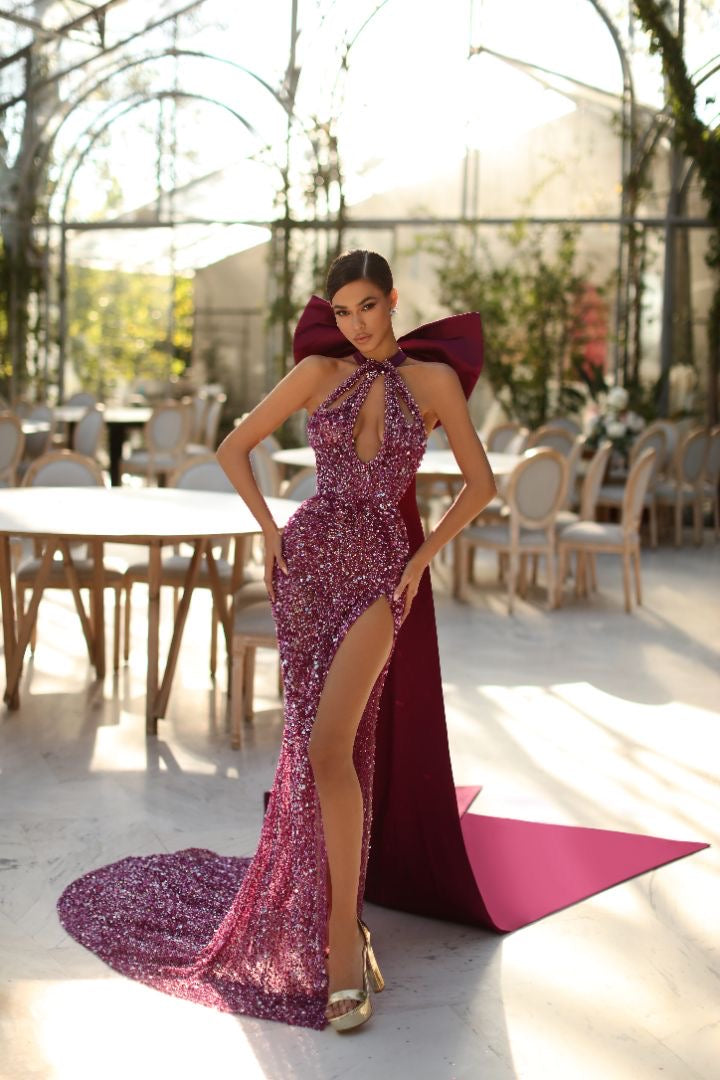 Darnika dark purple short sleeve chiffon evening dress s24
