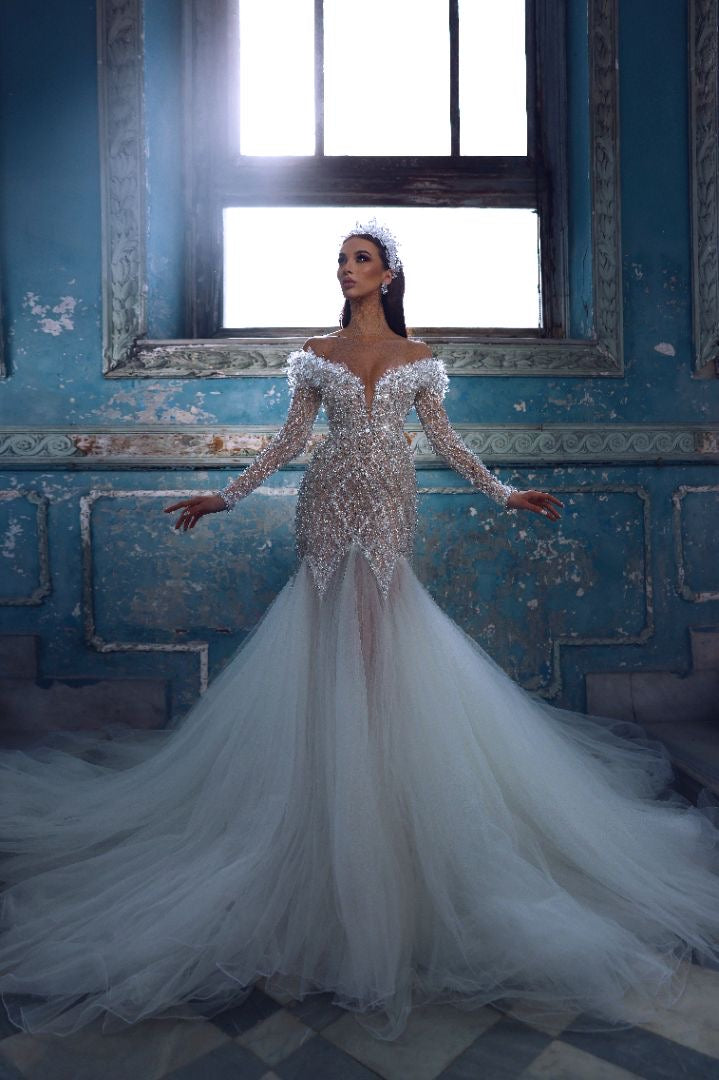 Lilith Off Shoulder Long Sleeves White Wedding Dress S / White