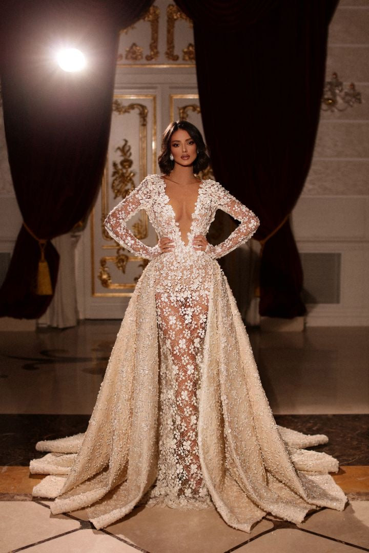 slim fit dress slacks Embroidered Long Off Shoulder Mesh Wedding Gown