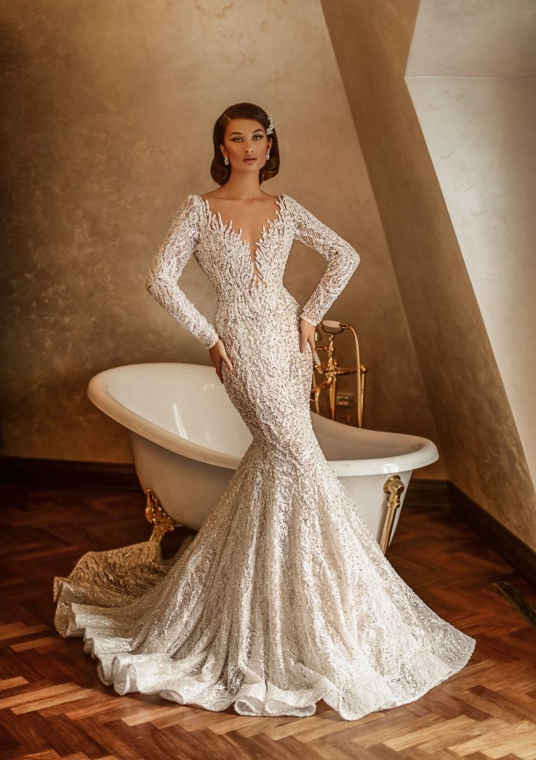 mermaid white and gold wedding dress Josie Luxurious Princess v Neck White Mermaid Gown Wedding Dress XXL / White