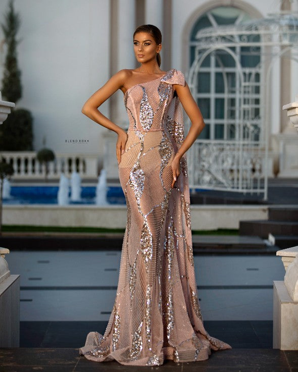 Artemis Elegant One Sleeve Pink Evening Dress XL / Pink