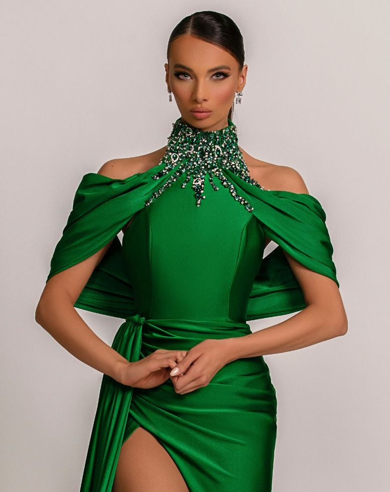 Charlotte Beautiful High Neck Green Evening Dress L / Green