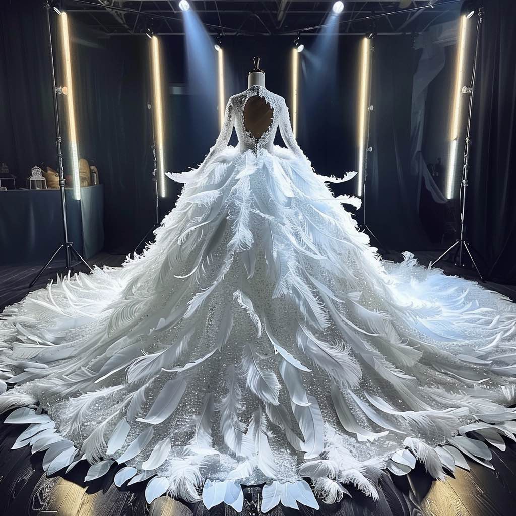 Long sleeve feather wedding dress best sale