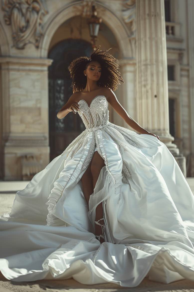 Elegant Off-White Bridal Ball Gown with V-Neckline and Luxury Detailing