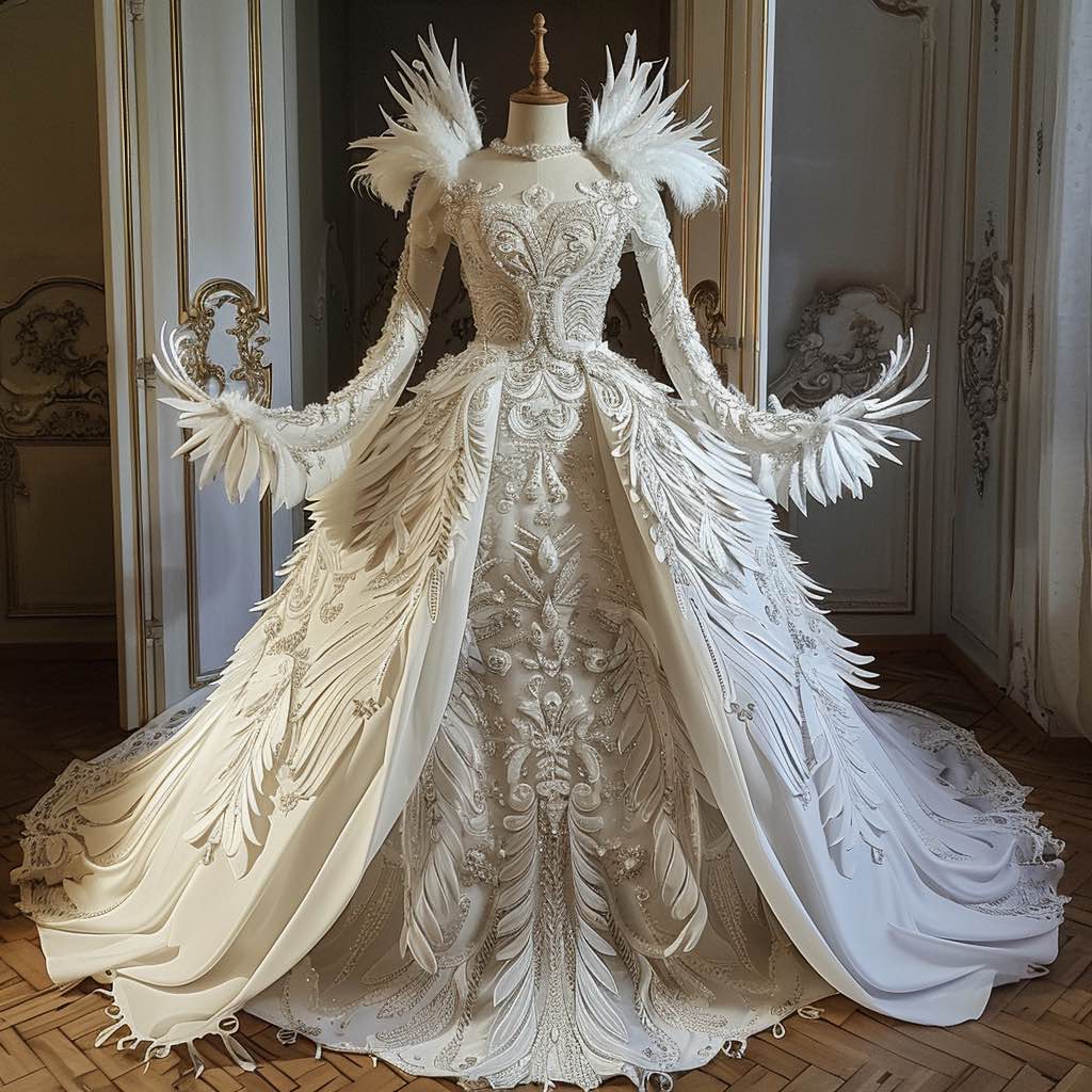 Ava Luxurious Princess Feather Touch White Long Sleeves Ball Gown Wedding Dress XL / White