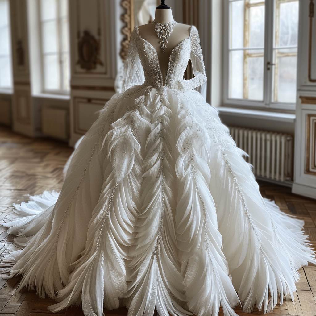 Ivy Gorgeous Feather Touch White Long Sleeves Ball Gown Wedding Dress MADE TO MEASURE / White Ivy Gorgeous Feather Touch White Long Sleeves Ball Gown Wedding Dress MADE TO MEASURE / White
