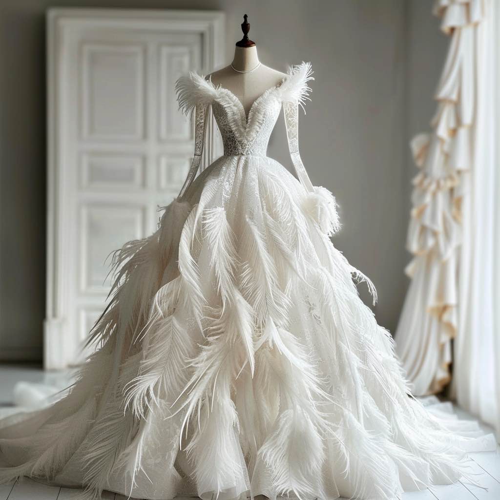 Freya Champagne Princess Feather Touch White Long Sleeves Ball Gown Wedding Dress XXL / White