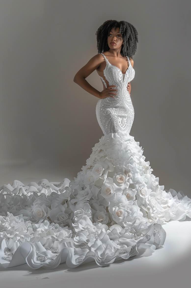 white lace mermaid dress White Lace Bodice Mermaid Wedding Dress with Spaghetti Straps – FancyVestido