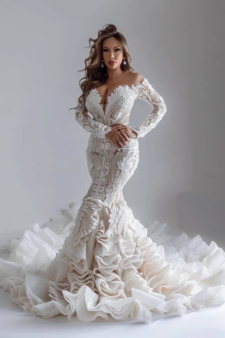 Khadijah Elegant Sequin Long Sleeves WhiteMermaid Gown Wedding Dress XXXL / White Khadijah Elegant Sequin Long Sleeves WhiteMermaid Gown Wedding Dress XXXL / White