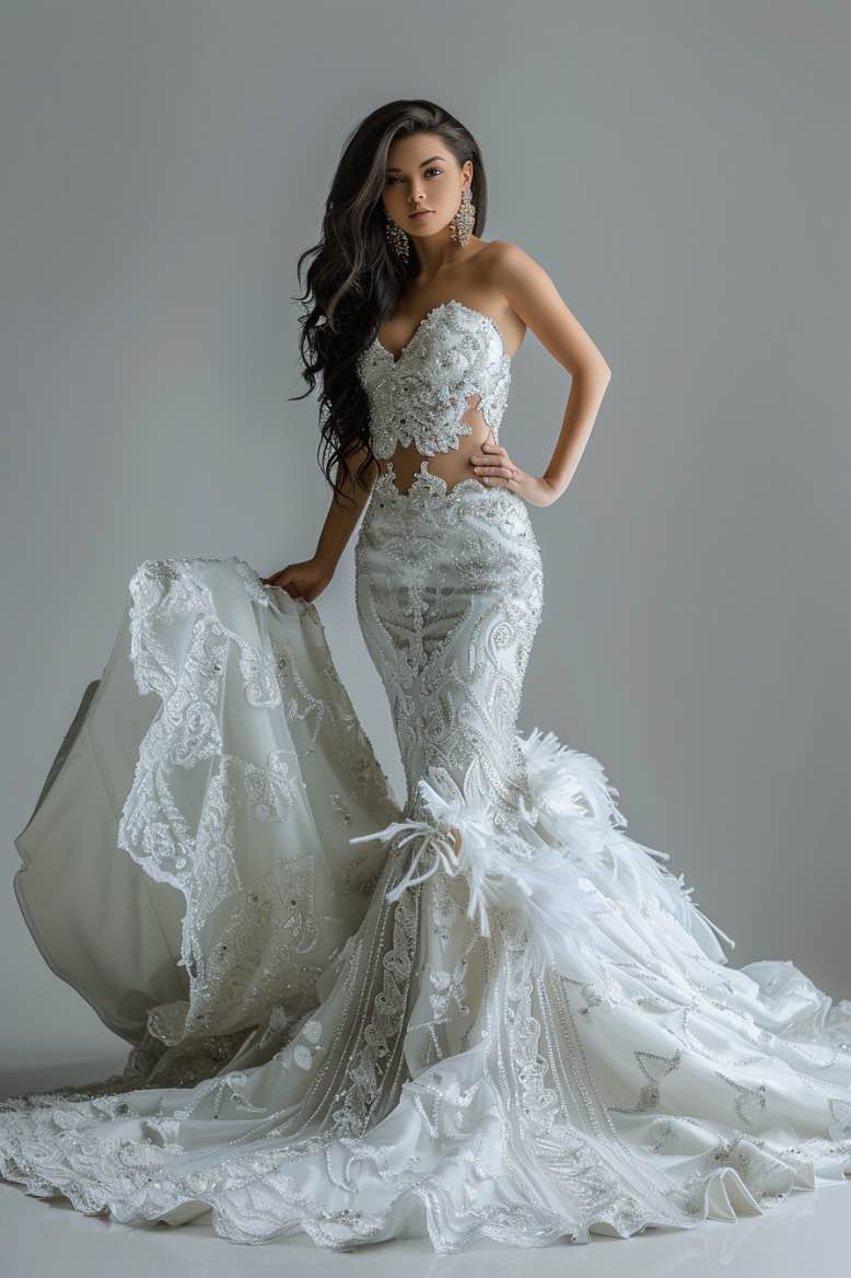 Norah Exquisite White with Feather Touch Mermaid Gown Wedding Dress XXL / White