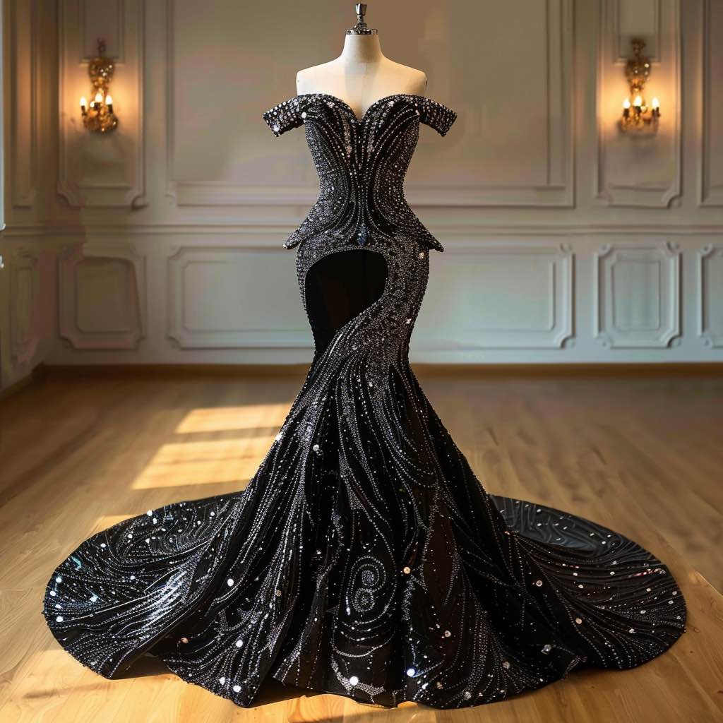black sequin wedding dress Tish Black Wedding Dress, Gothic Sequin Lace Mermaid Gown With High Neck & Long Sleeves, Dramatic Train, Dark Bridal Elegance Alternative