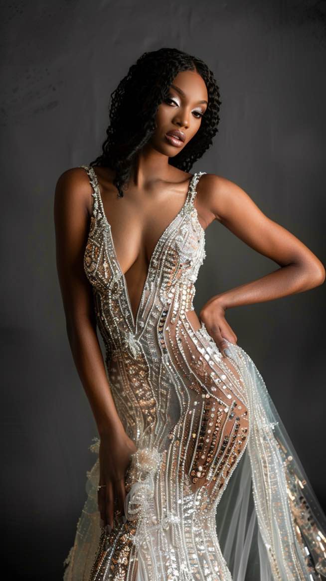 Ella-Rose Elegant Sequin v Neck White Mermaid Gown Wedding Dress XS / White Ella-Rose Elegant Sequin v Neck White Mermaid Gown Wedding Dress XS / White
