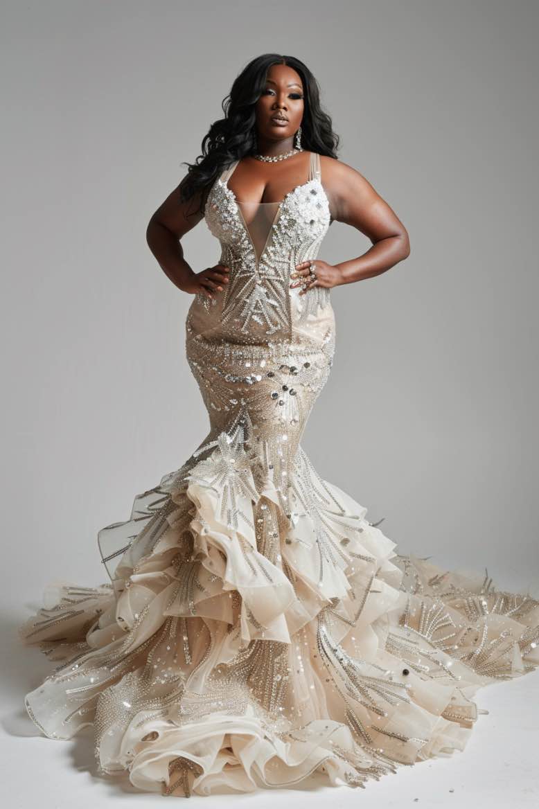 rose mermaid wedding dress Ava-Rose Sparkly Princess White Mermaid Gown Wedding Dress XL / White