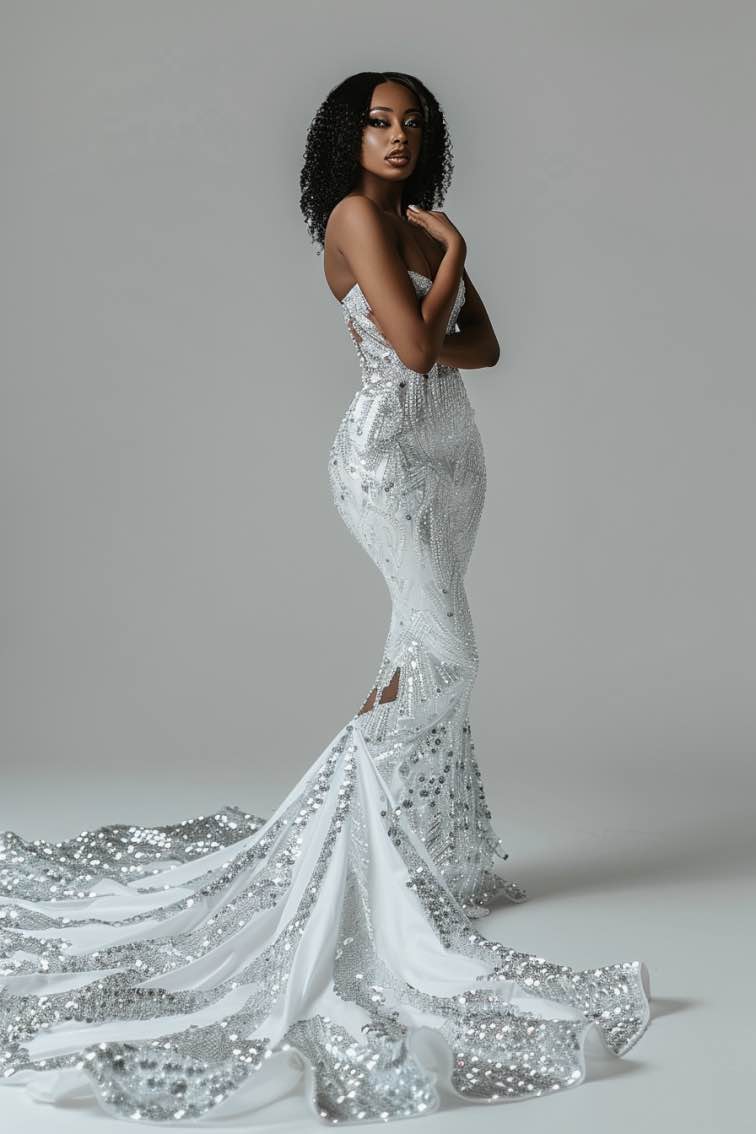 Off Shoulder Silver Glitter Wedding Dress Lace Off-the-Shoulders