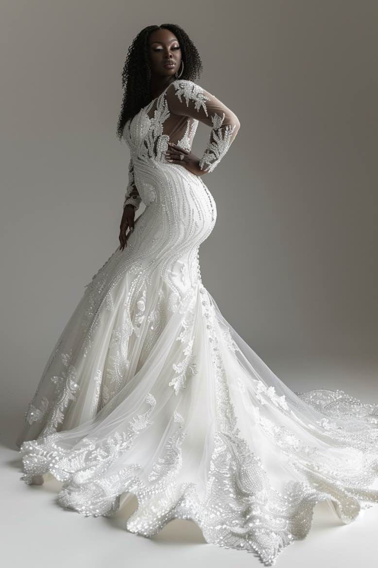 Callie Elegant V Neck White Mermaid Gown Wedding Dress XL / White Callie Elegant V Neck White Mermaid Gown Wedding Dress XL / White