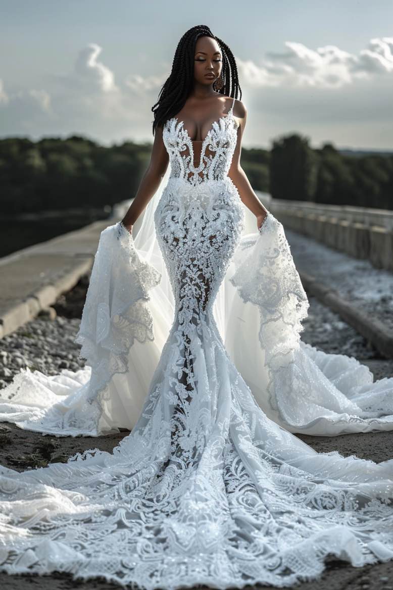 fitted lace wedding dress Ayda Luxurious Princess White Mermaid Gown Wedding Dress XL / White