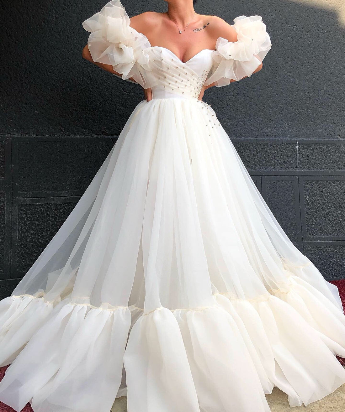 Off-Shoulder Beaded Satin Wedding Dress | Wedding Gowns XXL / White / Lace Off-Shoulder Beaded Satin Wedding Dress | Wedding Gowns XXL / White / Lace