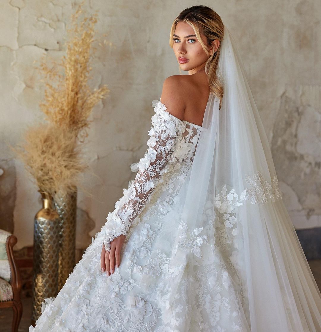 feather wedding dress Corset Design Off Shoulder Feather Sleeve Garden Wedding Dress - Alisse Bridal Off White / Lace