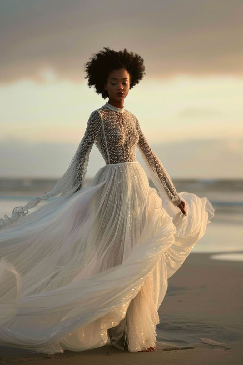 sequin boho wedding dress Sparkly Botanic Lace Bell Sleeve Mermaid Boho Wedding Dress Light Ivory / Dress + Sleeves
