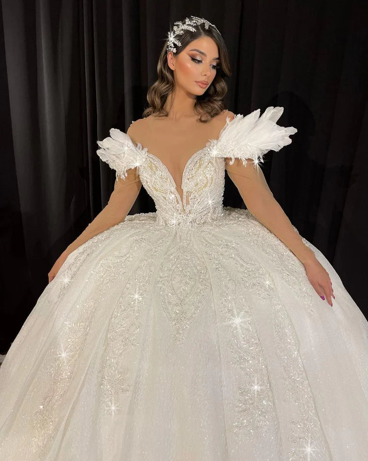 square neck long sleeve wedding dress Bridal Lace Gown with Feathered Straps XL