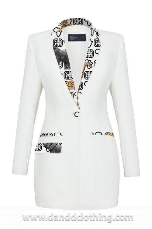 white dress jackets ladies African Jacket Classic Collection S / White JULY23 5 Buttons) and Placement Pink And Black Floral Color:Tailored Navy