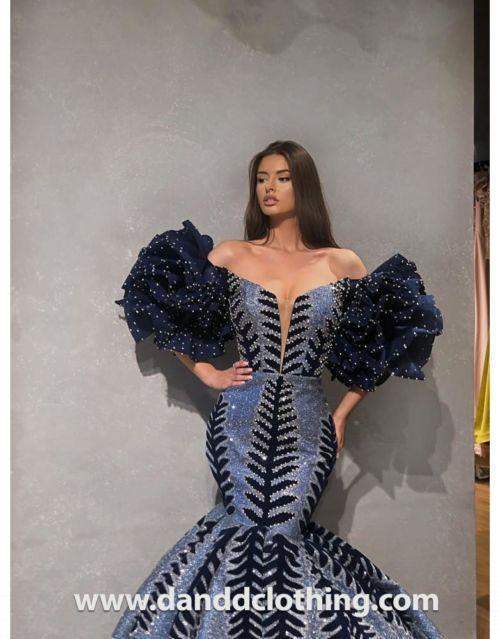 Luxury Evening Dress Metallic Blue Black M Luxury Evening Dress Metallic Blue Black M