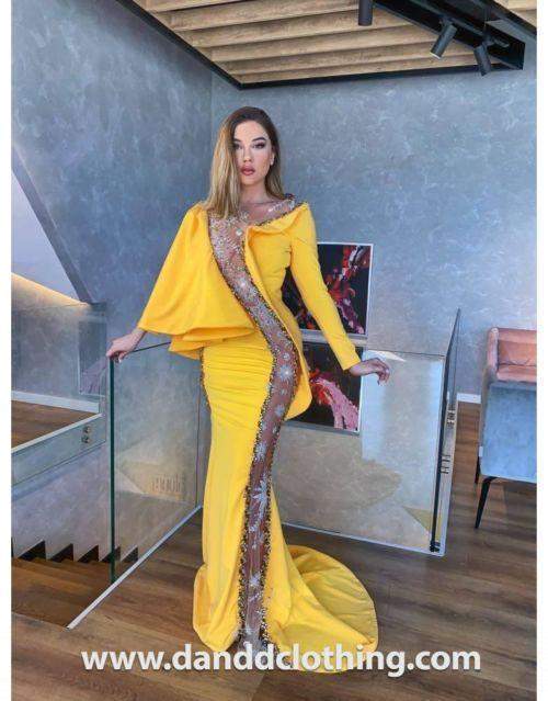 Luxury Evening Dress Yellow and Golden Strip Xs / Yellow / Satin