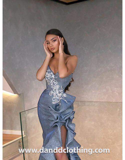 Luxury Evening Dress Metallic Blue Ruffles XL / Blue / Lace Luxury Evening Dress Metallic Blue Ruffles XL / Blue / Lace