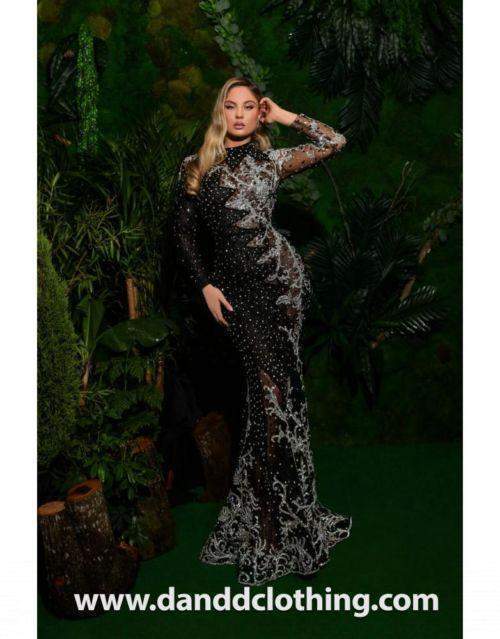 Luxury Evening Dress Black Silver Shiny M / Black / Lace