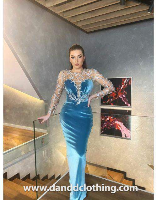 Luxury Evening Dress Sea Blue M / Blue / Velvet