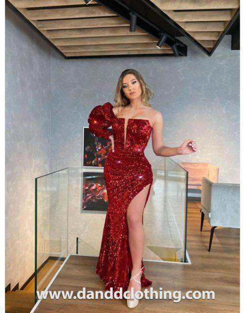 Luxury Evening Dress Maroon Shiny XL / Red / Lace