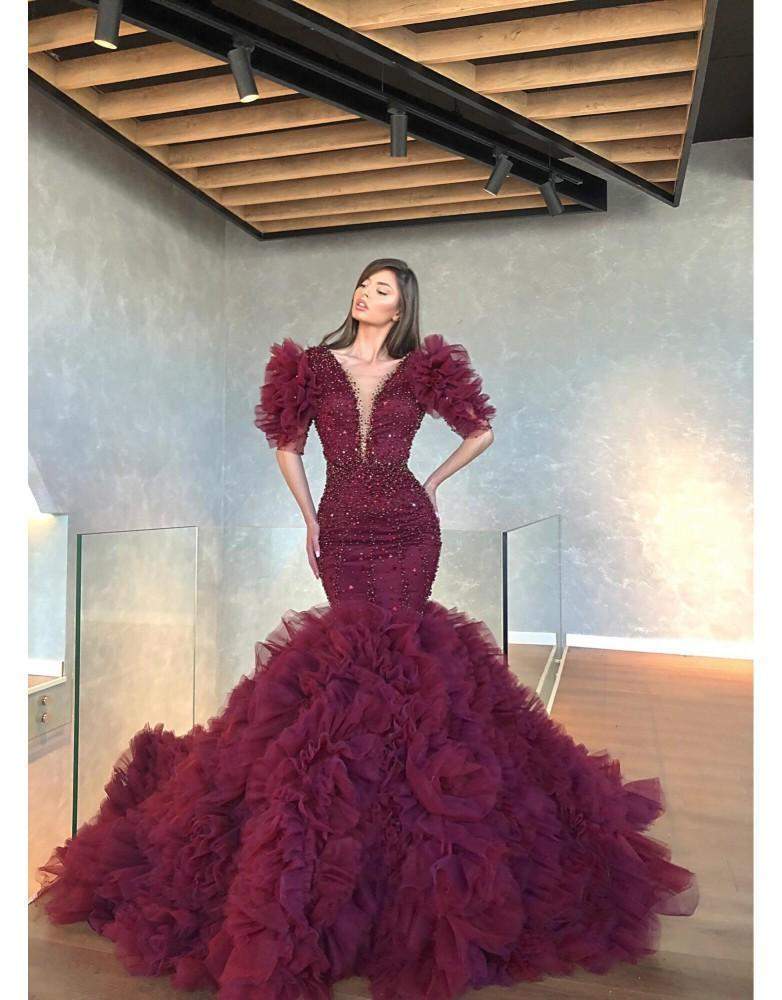 Luxury Evening Gown Dark Red Shiny XL / Red / Lace Luxury Evening Gown Dark Red Shiny XL / Red / Lace