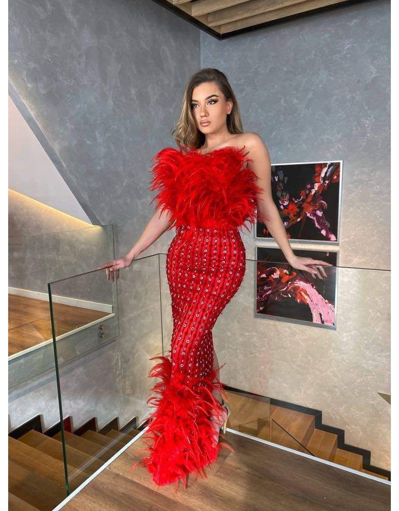 Luxury Evening Dress Red Fur