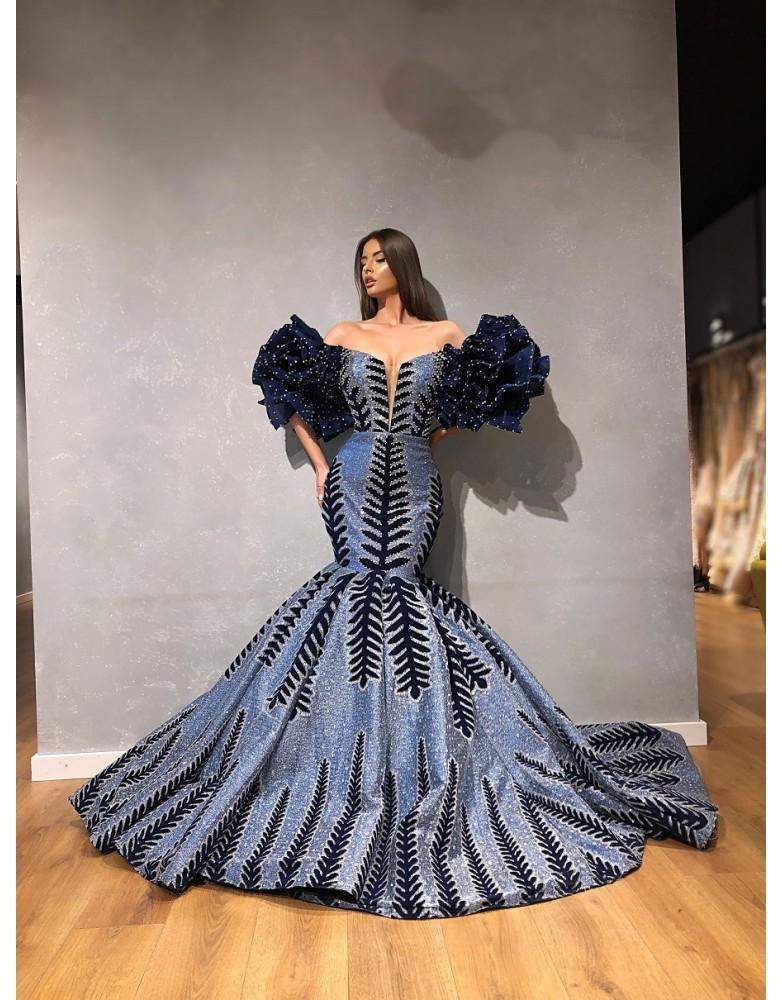 Luxury Evening Dress Sheer Blue XXL Luxury Evening Dress Sheer Blue XXL