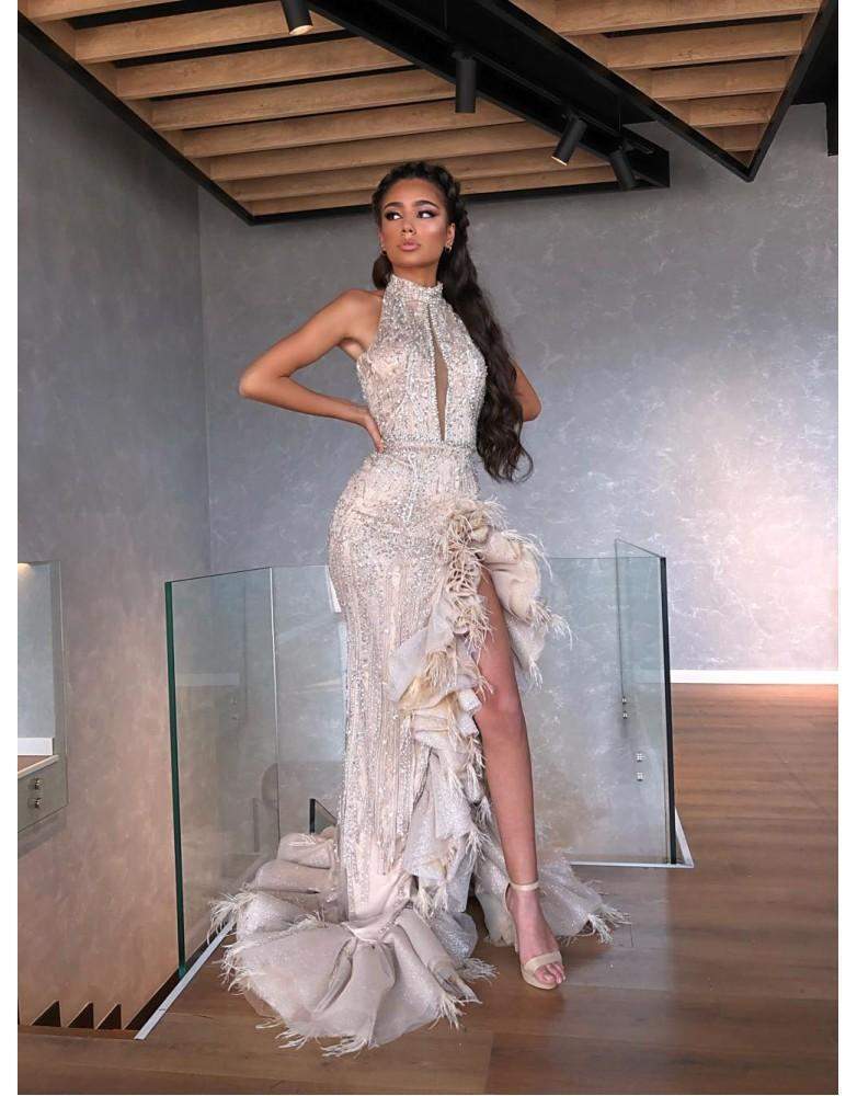 Luxury Evening Gown Silver Ruffled Luxury Evening Gown Silver Ruffled