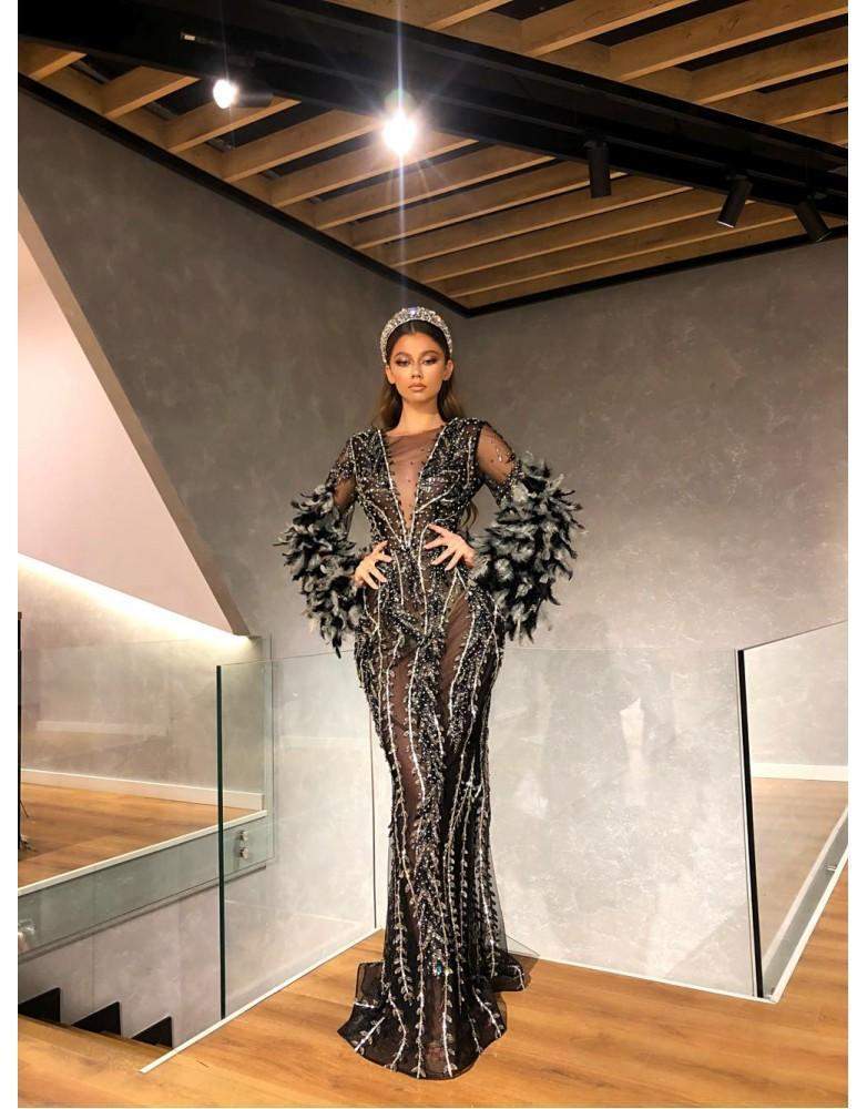 Luxury Evening Gown Black Ruffle Net M / Black / Lace Luxury Evening Gown Black Ruffle Net M / Black / Lace