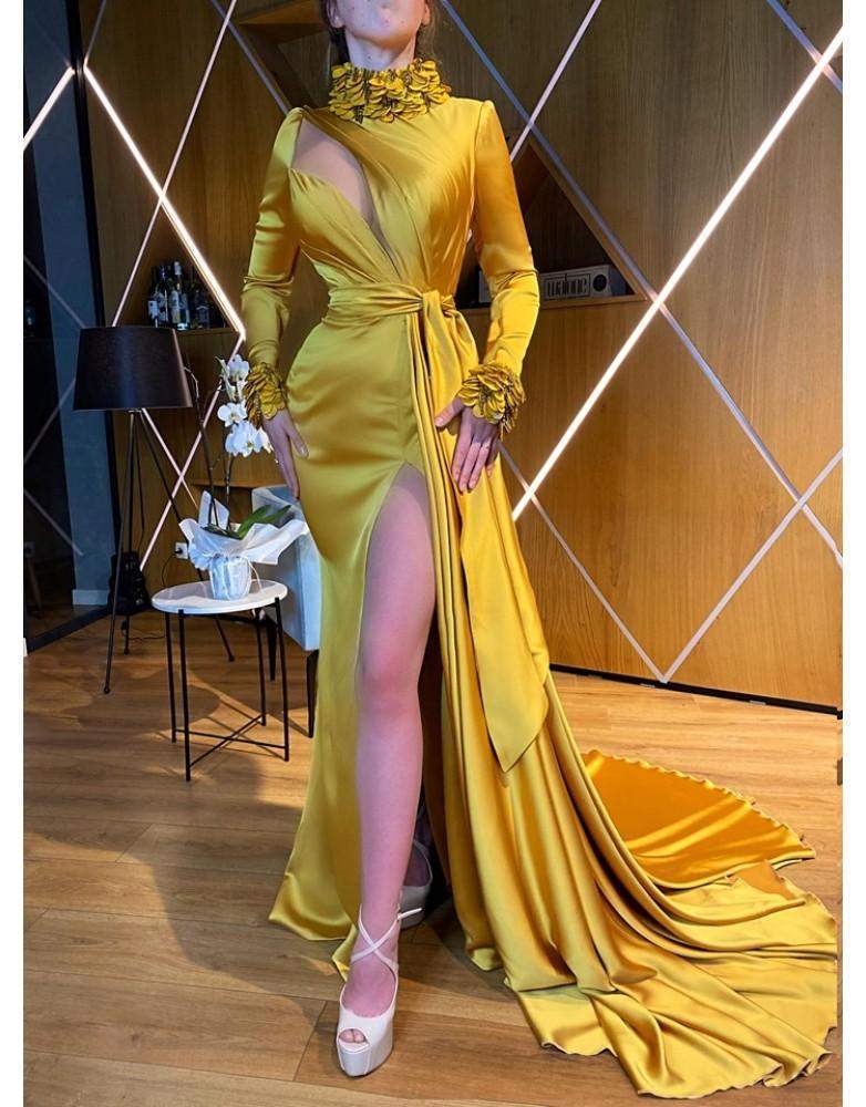 Luxury Mustard Evening Gown With High Slit